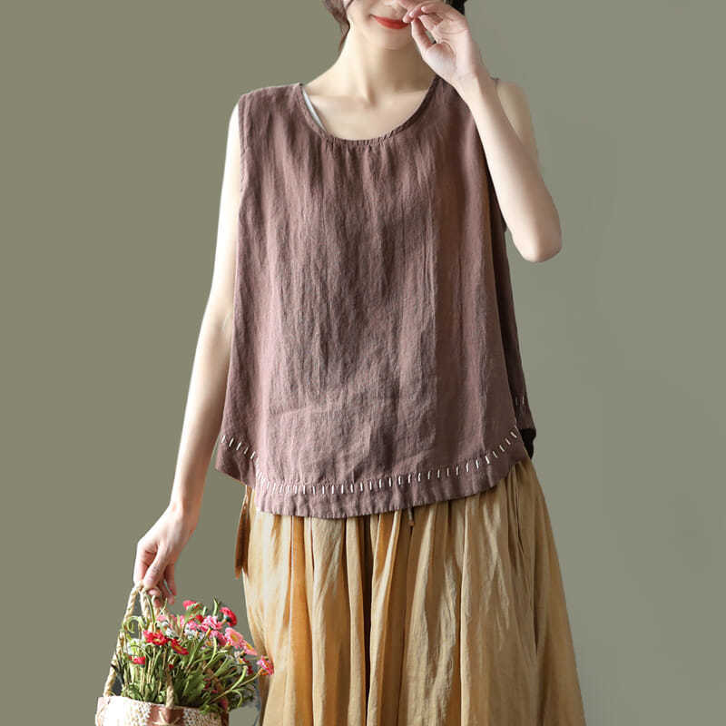 Loose Solid Color Cotton Linen Fringe Embroidery Casual Sleeveless  Camisole Top
