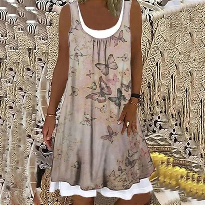 Women's Sleeveless Floral Print Round Neck Casual Classic Knee-Length Dress