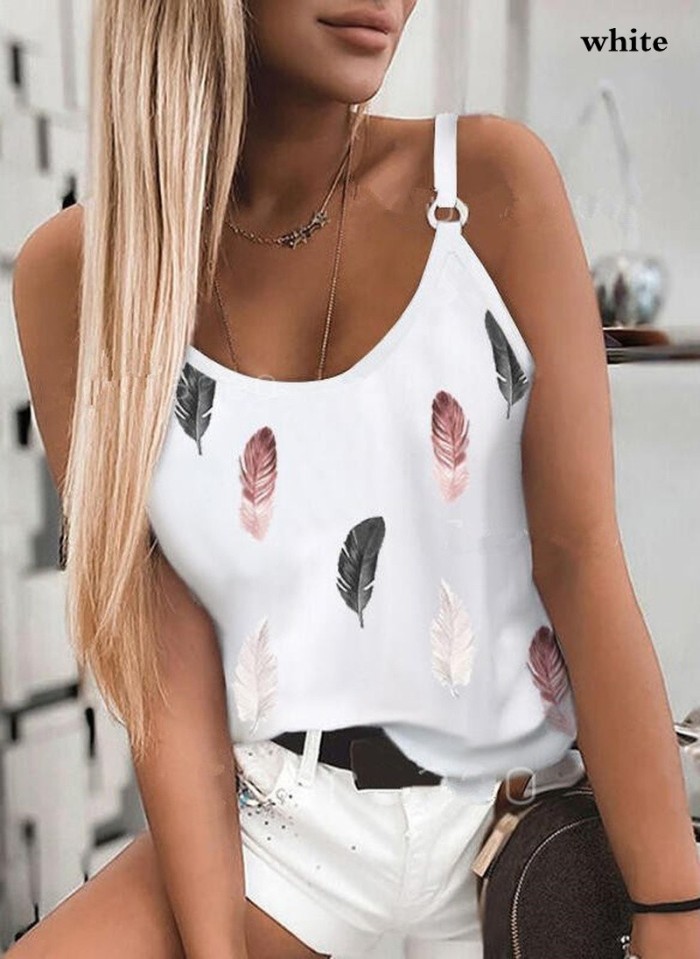 Fashion Casual Feather Print Loose Sexy Sleeveless  Camisole Top