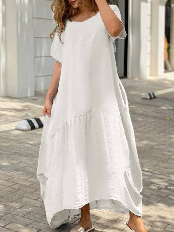Fashion Cotton Linen Pocket Casual Short Sleeve O Neck Loose Dress