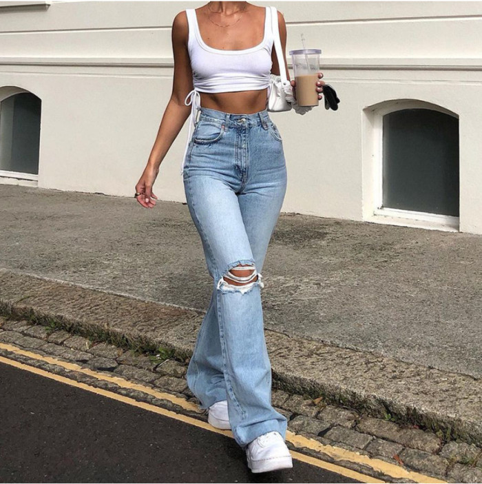 High Waist Women's Retro Casual Stretch Slim Ripped Flared Jeans