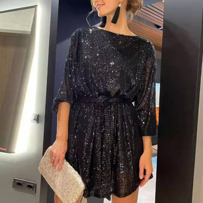 Elegant Solid Sequin Party Casual Long Sleeve A-Line Mini Dress