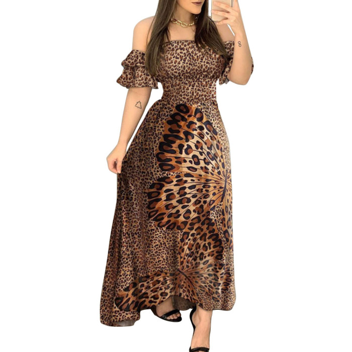 Boho Leopard Off Shoulder Ruffle Sleeves Sexy Lace Up Slit Neck Party  Maxi Dress