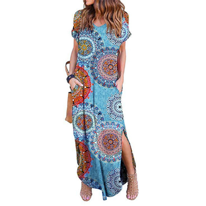Elegant Boho Floral Maxi Dress V-Neck Short Sleeve Irregular Casual Beach Dress