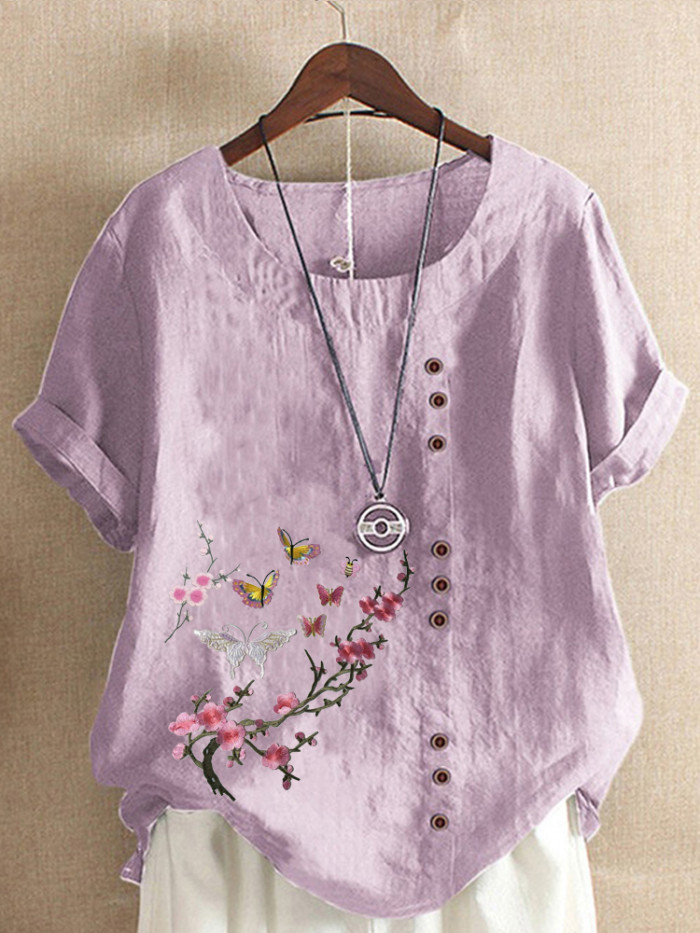 Trendy Casual Linen Crew Neck Print Loose Blouses & Shirts