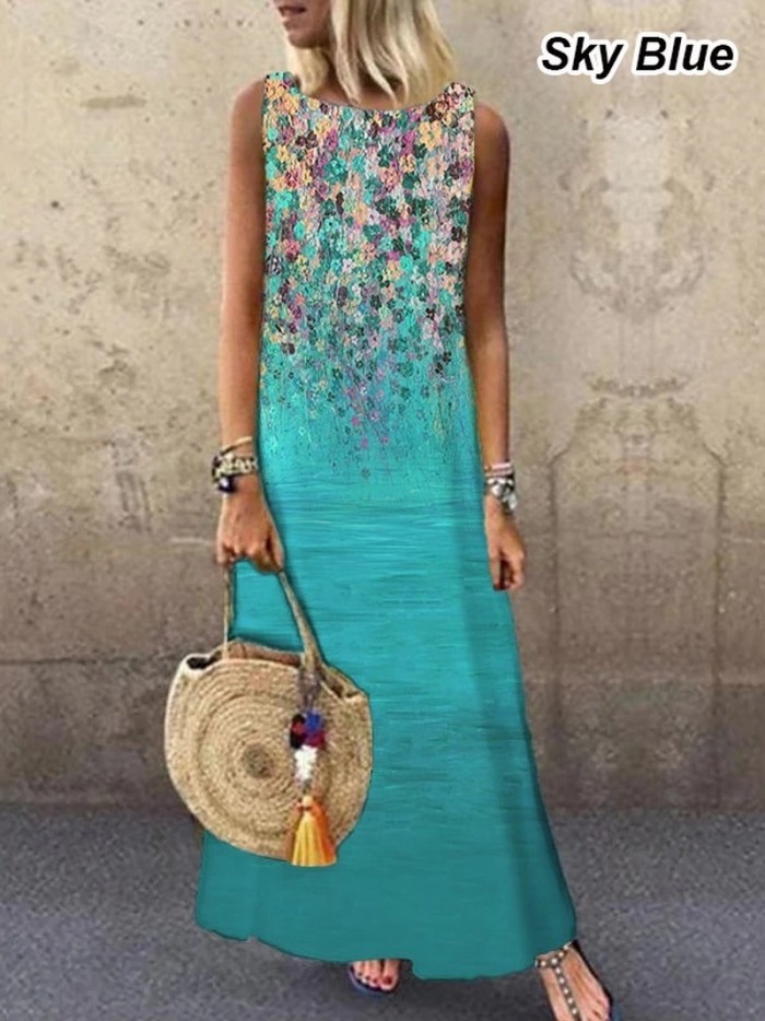 Women Elegant Floral Sleeveless Knee Length Casual Beach Dress