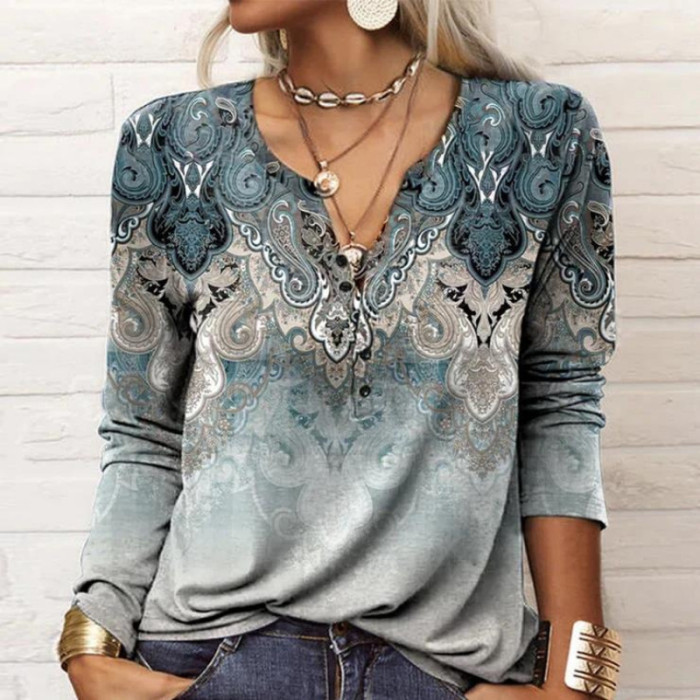 Fashion Print Long Sleeve Vintage Pullover Casual Button Loose  Blouses & Shirts Top