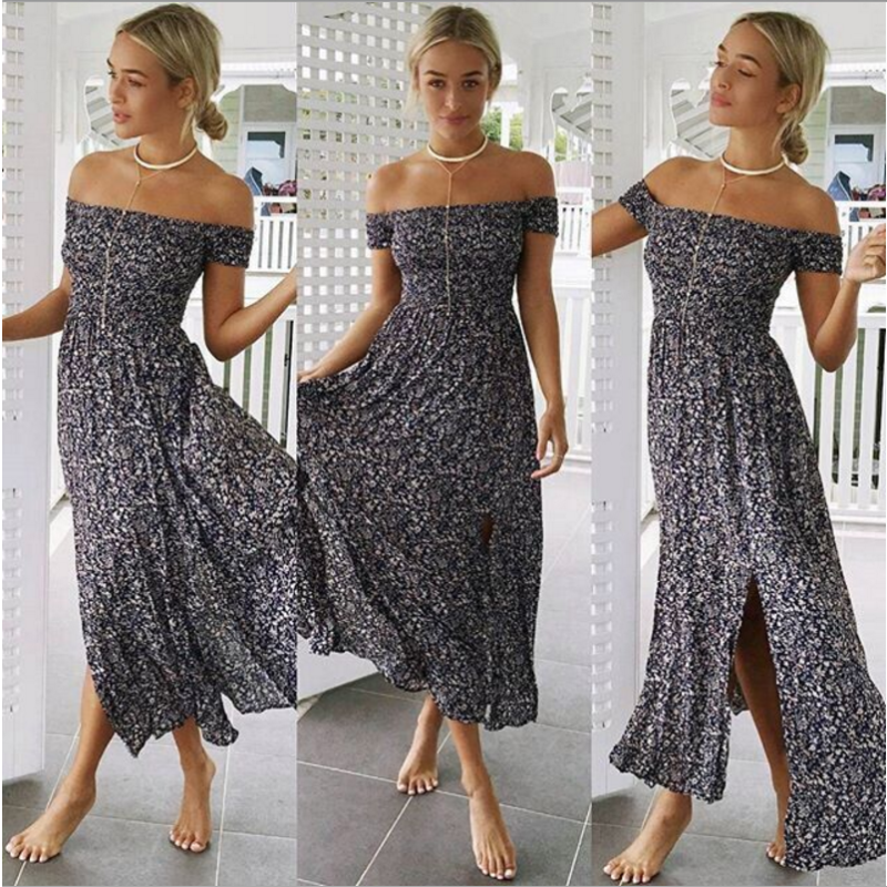 Slant Neck Bohemian Elegant Short Sleeve Casual Loose Sexy Maxi Dress