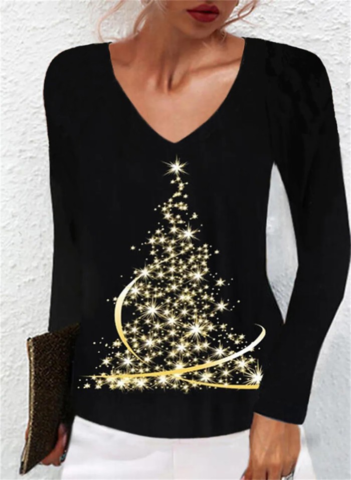 Women Vintage Elegant Long Sleeve  Christmas Trend T-shirt
