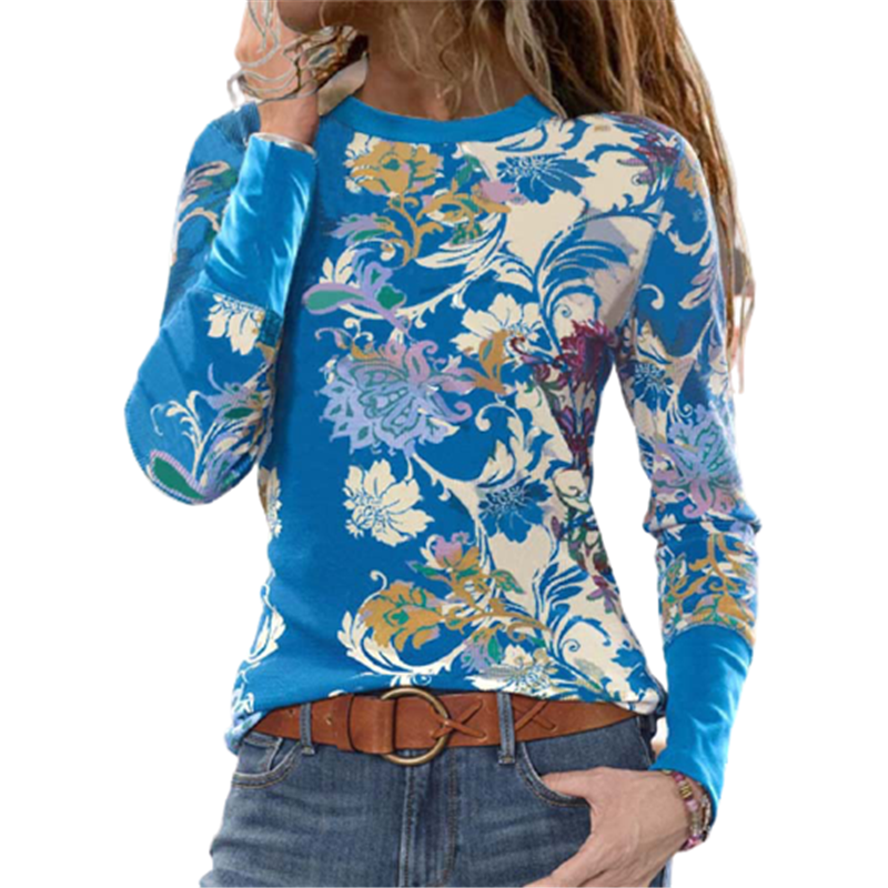 Fashion Flowers Leaves Printed Casual Long Sleeve O-Neck T-shirt
