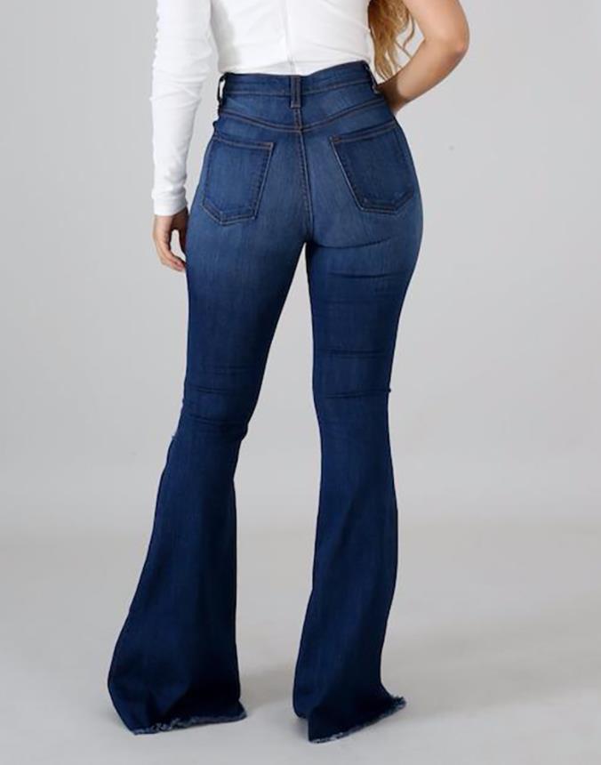 Casual Fashion Solid Color High Waist Hollow Raw Edge Button Flared Jeans