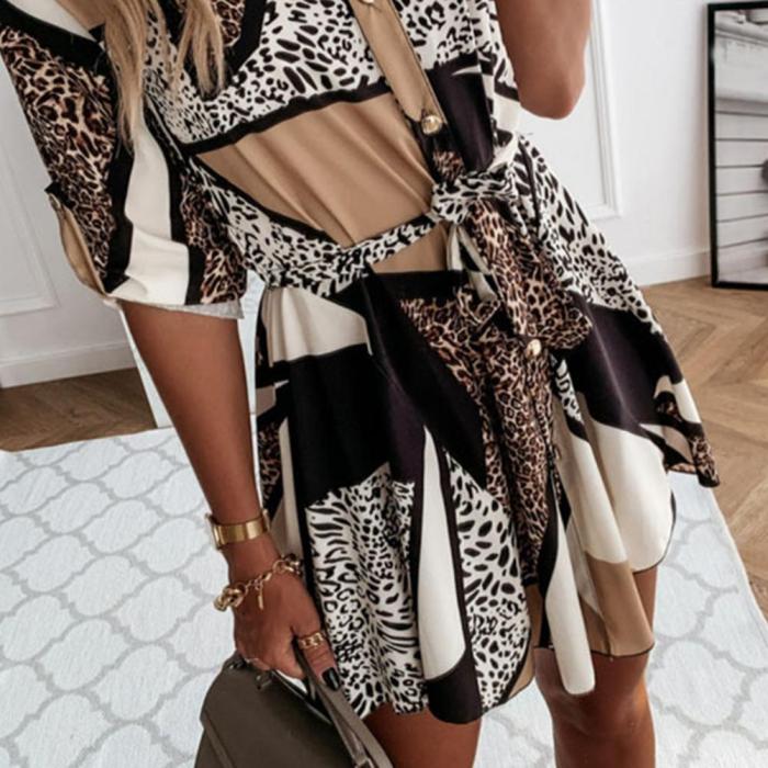 Women Leopard Printed Patchwork Long-sleeved Lapel Collar Belt Dresses