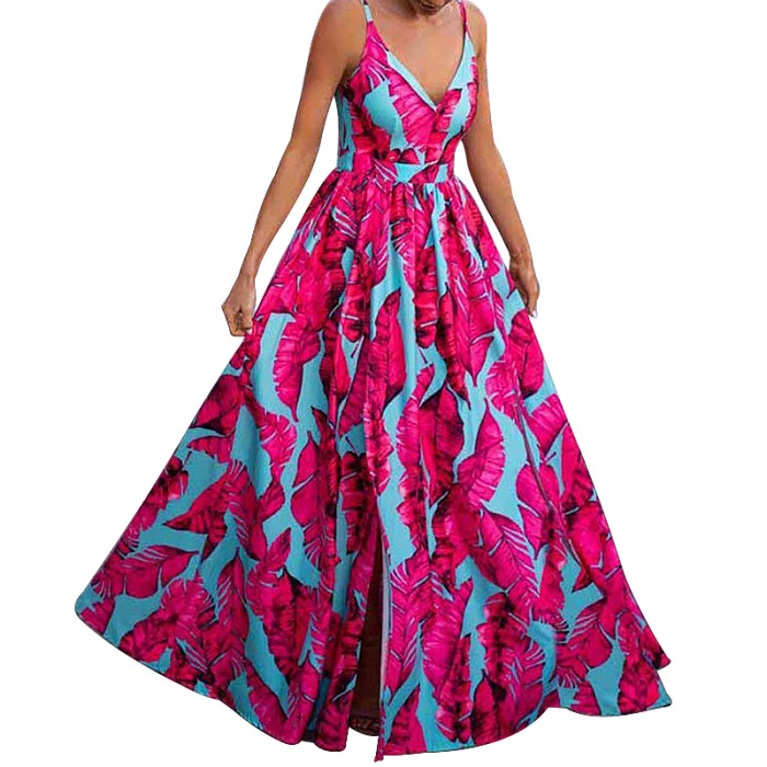 Elegant Chic Slit Sexy V Neck Floral Print Fashion Party Maxi Dress