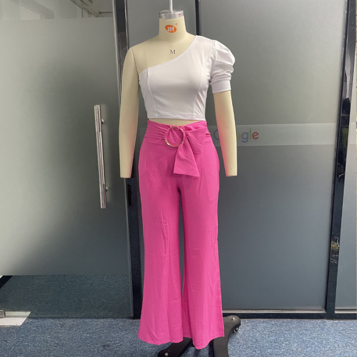 Sexy Fashion Puff Sleeve Solid Color Top Loose Wide Leg Two-piece Set