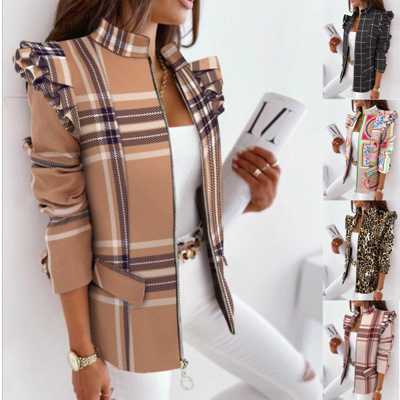Women's Ruffled Long-sleeve Zipper Print Blazer
