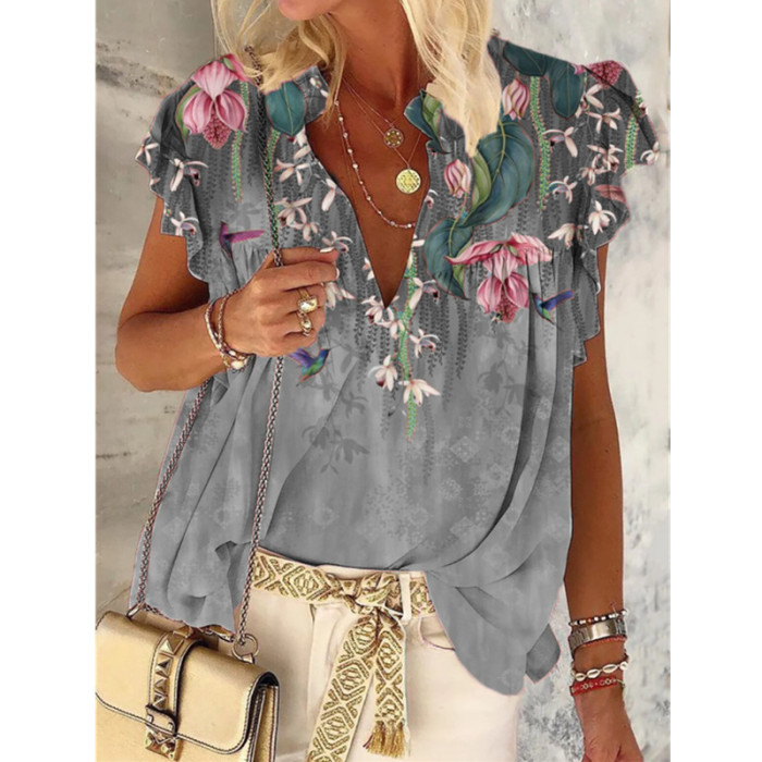 Sexy V Neck Floral Print Casual Boho Top Blouses