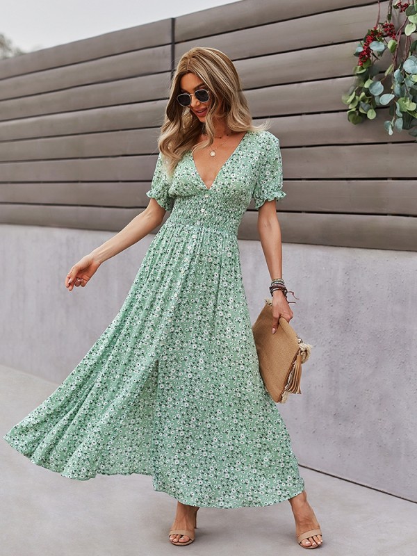 Fashion Print Elastic Waist V Neck Swing Short Sleeve  Maxi Dress