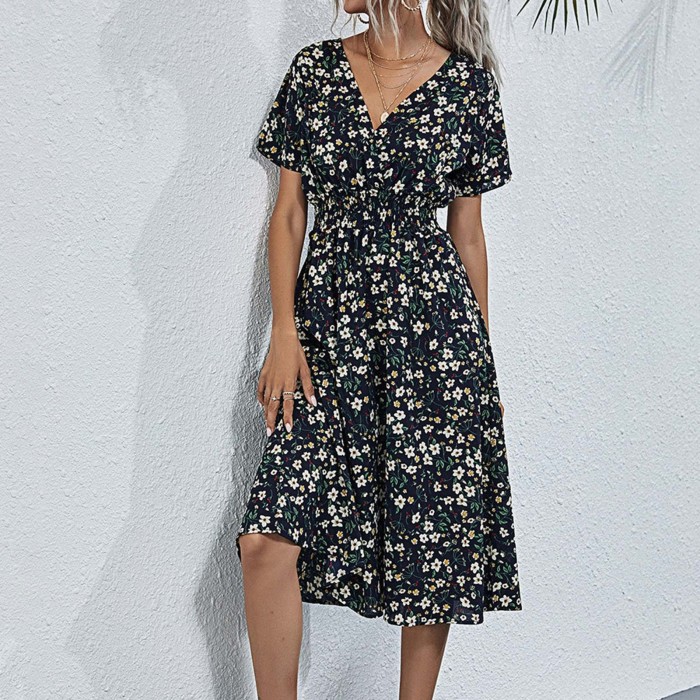 Fashionable A-line Floral Casual V-Neck Retro Party  Midi Dress