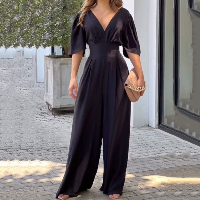 Fashion Puff Sleeve V Neck Open Back Loose Casual Wide Leg Jumpsuit