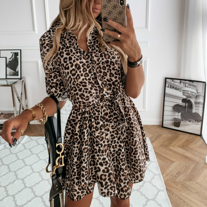 Trendy Leopard Print Button Lapel Pleated  Mini Dress