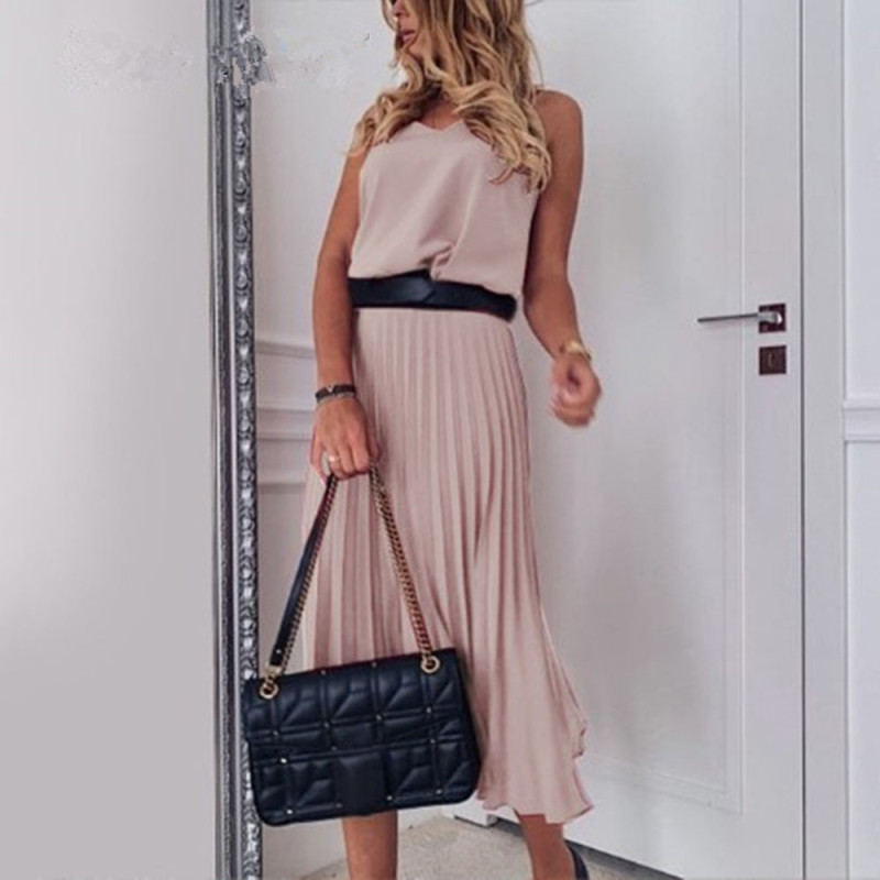 Women Fashion Casual V-neck  Sleeveless Elegant Midi Dress