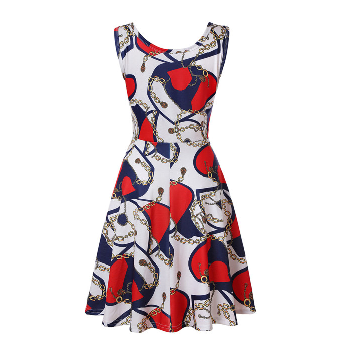 Heart Print Fashion Sleeveless U Neck A Line Loose Casual Dress