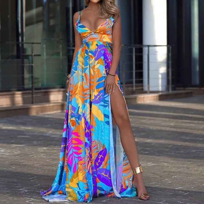 Fashion Elegant Sleeveless High Waist Leaf Print Sexy V Neck  Maxi Dress