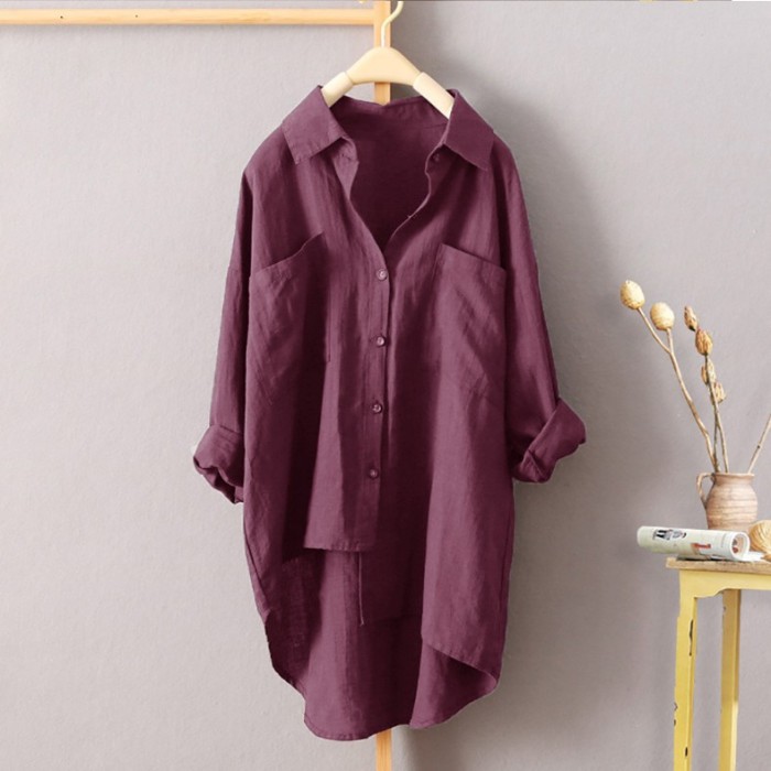 Fashion Long Sleeve Loose Top Casual Solid Color Cotton Irregular Blouses