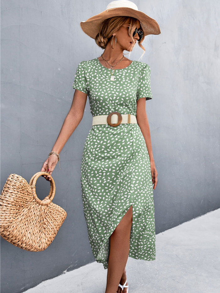 Fashion Floral Print Backless Party O Neck Slit Midi Dress