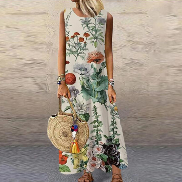Vintage Floral Printed Sleeveless Loose Casual Beach Bohemia Dress