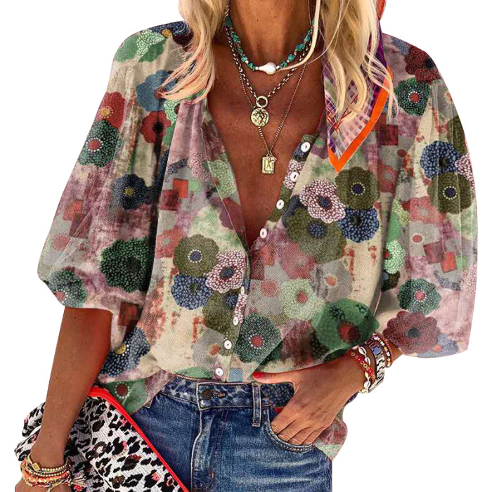 Fashion Lapel Print Button Casual Bohemian Blouses & Shirts
