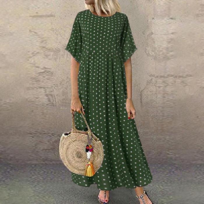Fashion Retro Half Sleeve Button Print Round Neck Loose Solid Color  Maxi Dress