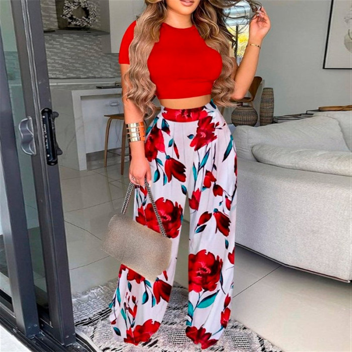 Sexy Retro Casual Deep V-neck Short-Sleeved Top + Printed Floral Wide Legs Two Pieces
