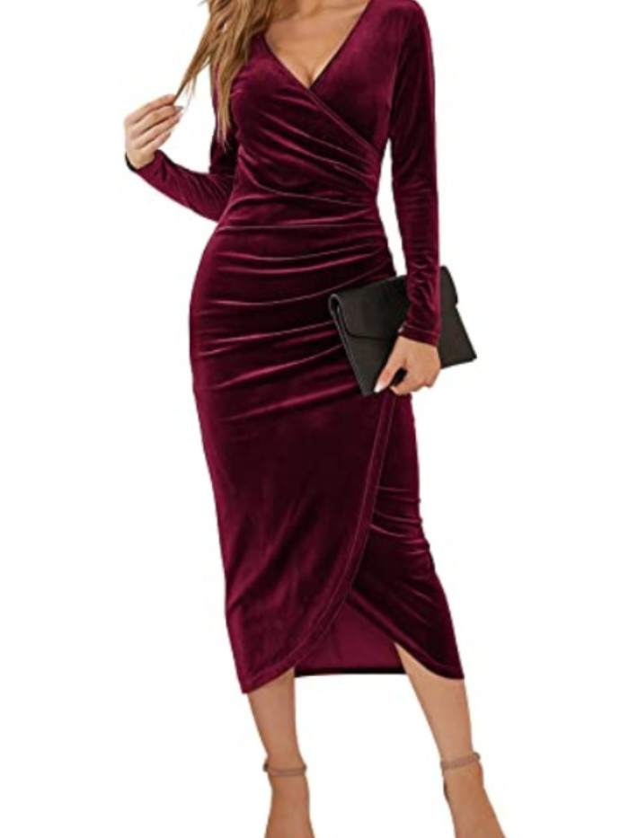Velvet Bodycon for Long Sleeve Slim Party Midi Dress
