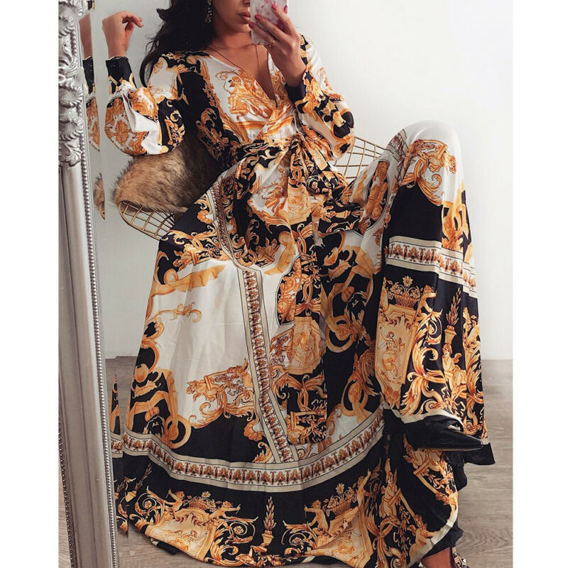 Trendy Floral Boho V Neck Casual Prom Party Vintage Long Sleeve Maxi Dress