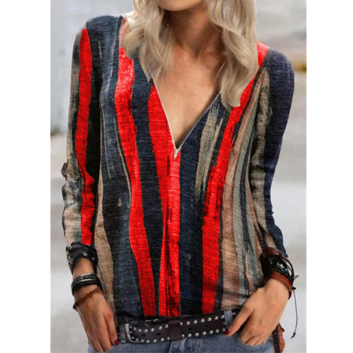 Fashion Tie Dye Stripe Print V Neck Long Sleeve Zipper Top Casual T-Shirt