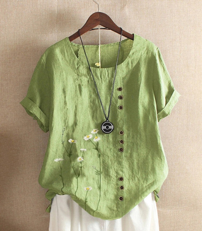 Elegant Print Cotton Linen Shirt Casual O-Neck Short Sleeve Top