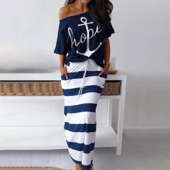 Casual Loose Print Stripe Short Sleeve Off Shoulder Beach Skirts  2 Pieces