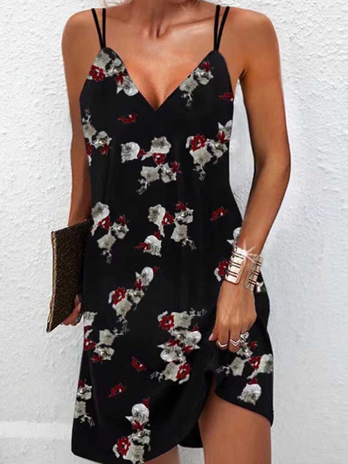 V Neck Sleeveless Floral Print Loose Slip Dress