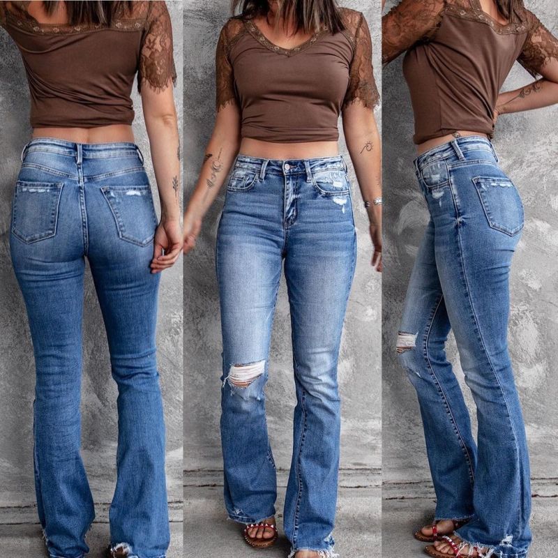 New Women's High Waist Bootcut Fashion Elastic Slim Denim Flared Pants