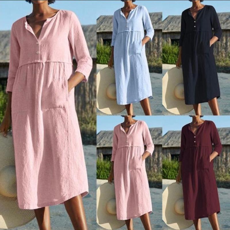 Women Solid Color Half Sleeve Pockets Buttons Cotton Linen Loose Midi Dress