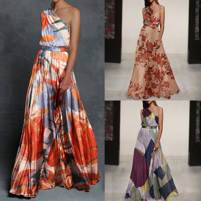 One-Shoulder Dress Patchwork Cold-Shoulder Printed Dress Fashionable Shoulder Large Swing Dress for Women