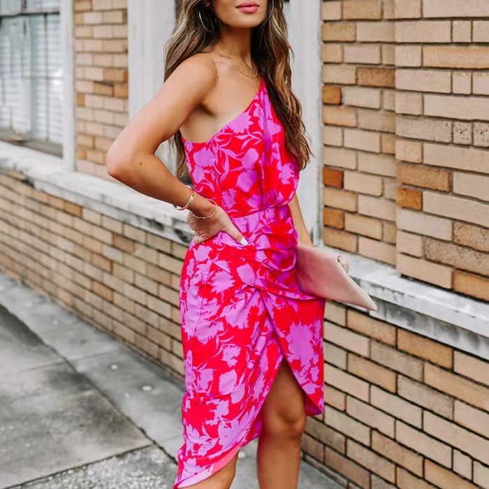 Sexy Slim Off Shoulder Hip Lift Print Fashion  Midi Dress