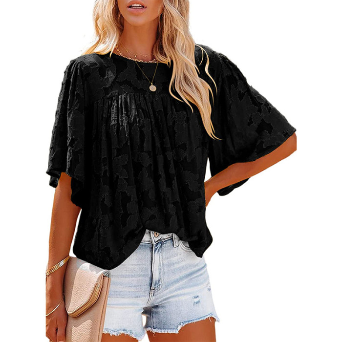 Women Floral Chiffon O Neck Flare Short Sleeves Loose Casual Blouse