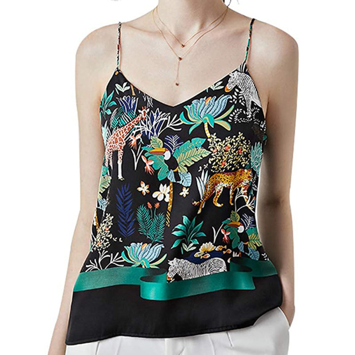 Women's Casual V-Neck Sling Cotton Printed Sleeveless Loose Vest