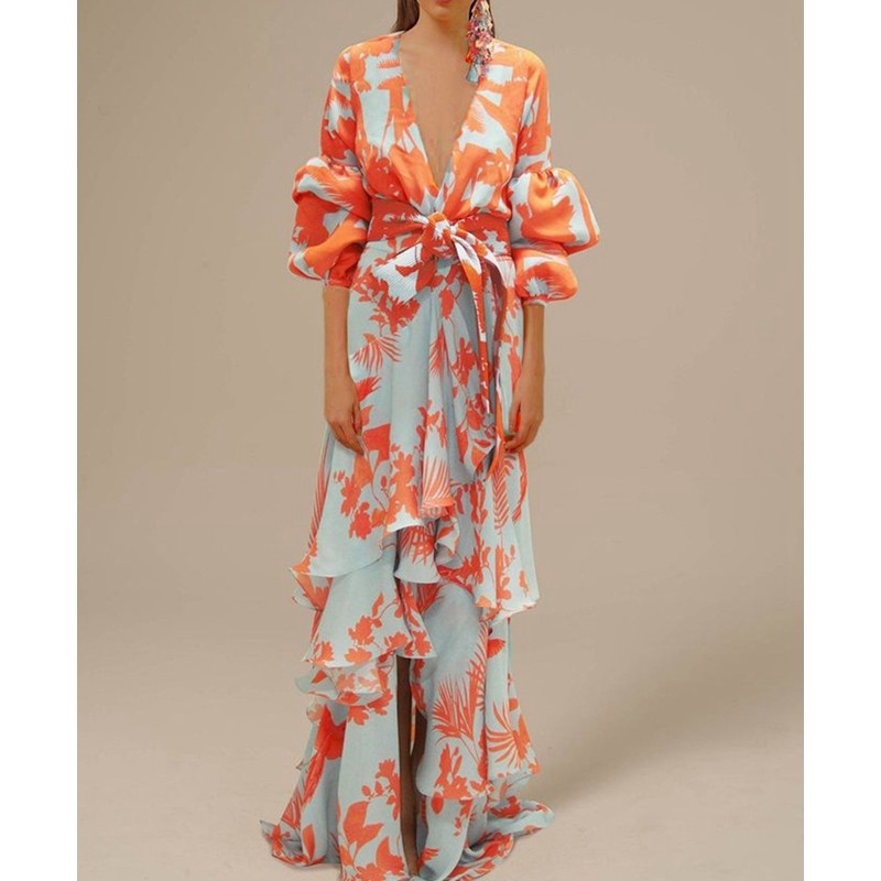 Long sleeve crewneck lace irregular maxi dress main image 1