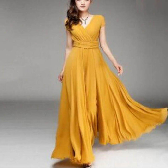 Vintage Solid Color Party Fashion V Neck A Line Elegant Maxi Dress