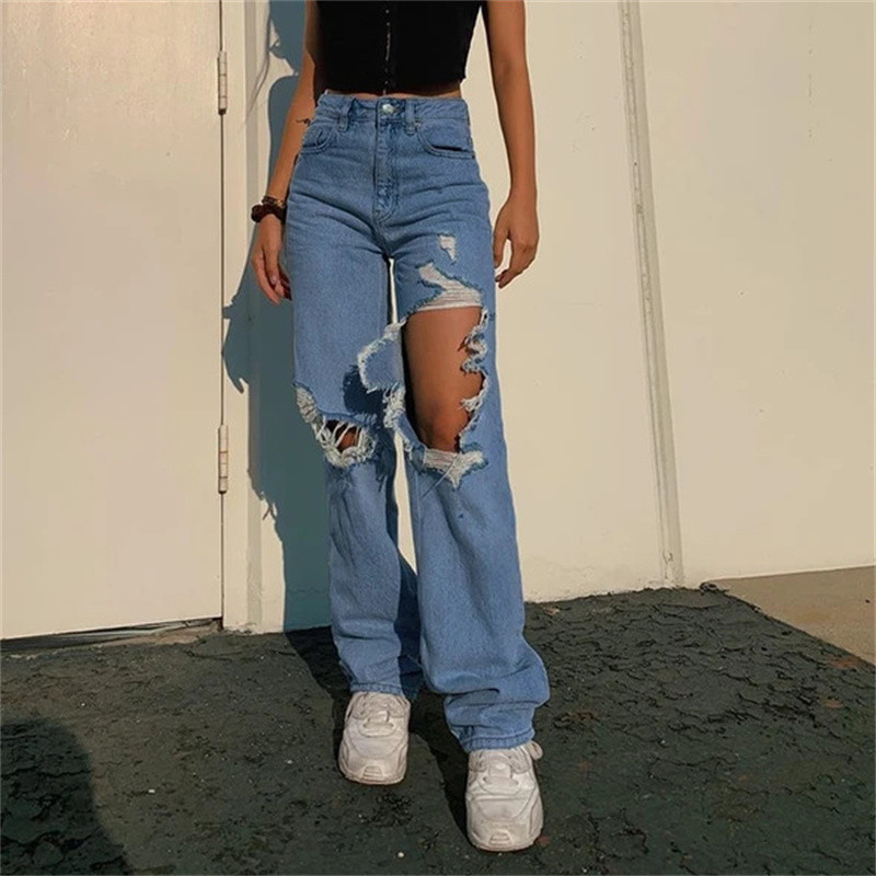 New Women's High Waist Ripped Fashion Loose Denim Straight Jeans