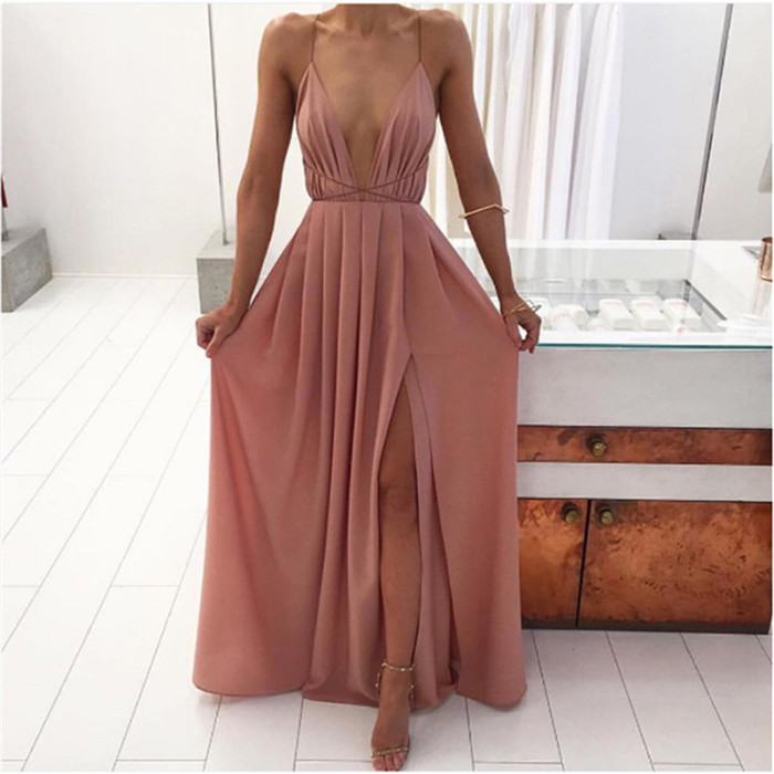Lace Stitching Solid Color Deep V Neck Sexy Slip Dress Bohemian Drawstring Maxi Dress