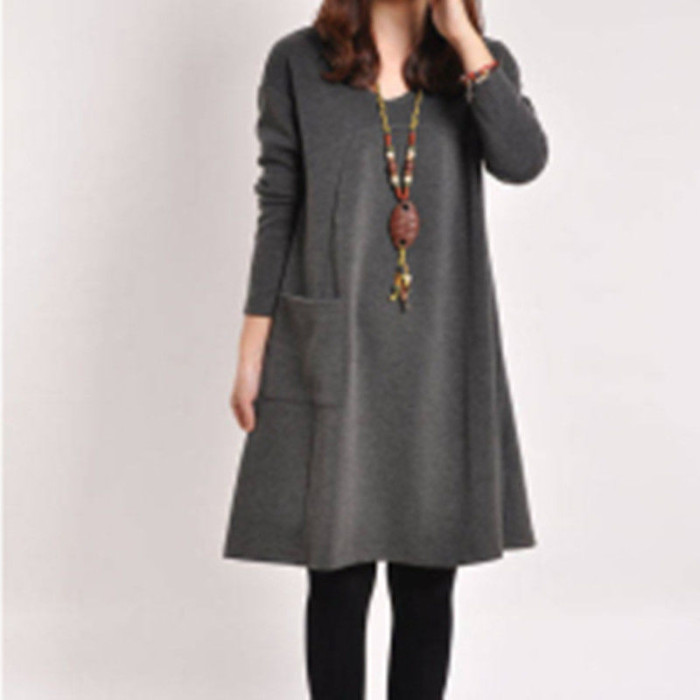 Winter Long Sleeve Pocket Solid Color O Neck Loose Party Casual Dress